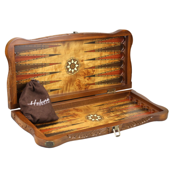 Helena Carved Bird Eye Maple Backgammon Set 20 Inch - Image 2