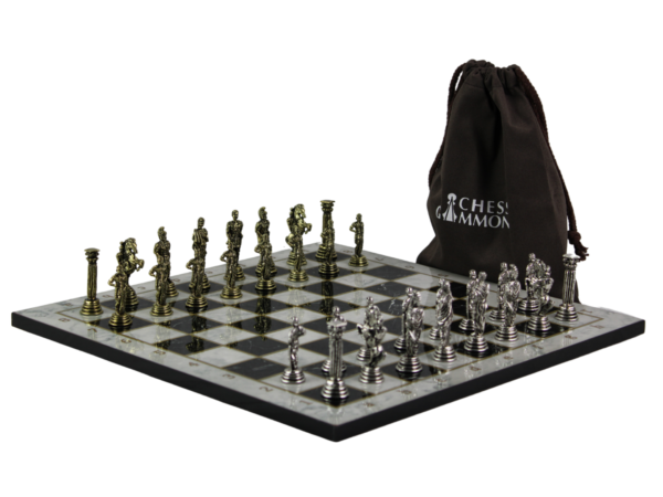 White Marble Personalised Metal Chess Set with Drawstring Bag 14 Inch