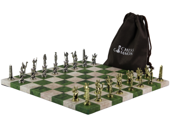 Green Leatherette Personalised Metal Chess Set with Drawstring Bag 14 Inch