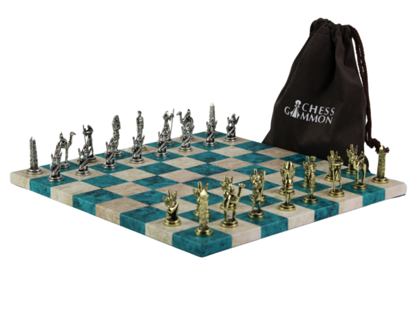 Blue Leatherette Personalised Metal Chess Set with Drawstring Bag 14 Inch