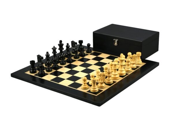 Ebony Chess Set 16 Inch With Flat Chess Board and Weighted Ebonised German Staunton Chess Pieces 3 Inch