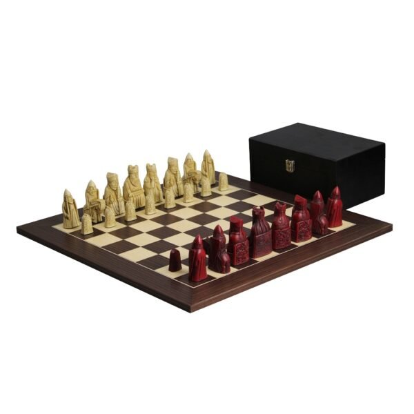 Isle of Lewis I Ivory & Red Resin Chess Pieces 3.5 Inch With Macassar Chess Board 20 Inch