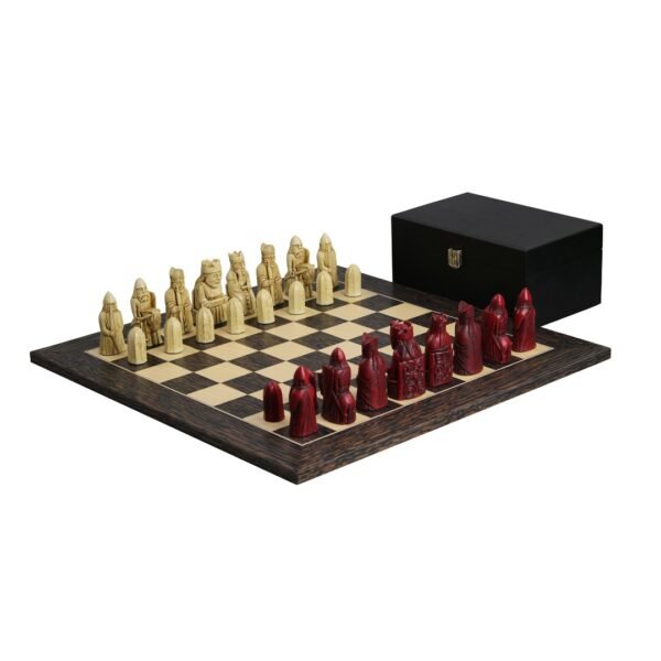 Isle of Lewis Chess Set With II Ivory & Red Resin Chess Pieces 3.5 Inch and Tiger Ebony Chess Board 20 Inch