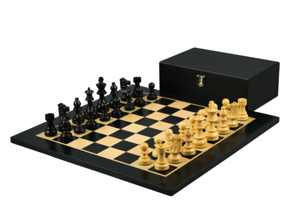 Ebony Chess Set 16 Inch With Flat Chess Board And Weighted Ebonised French Staunton Pieces 3 Inch