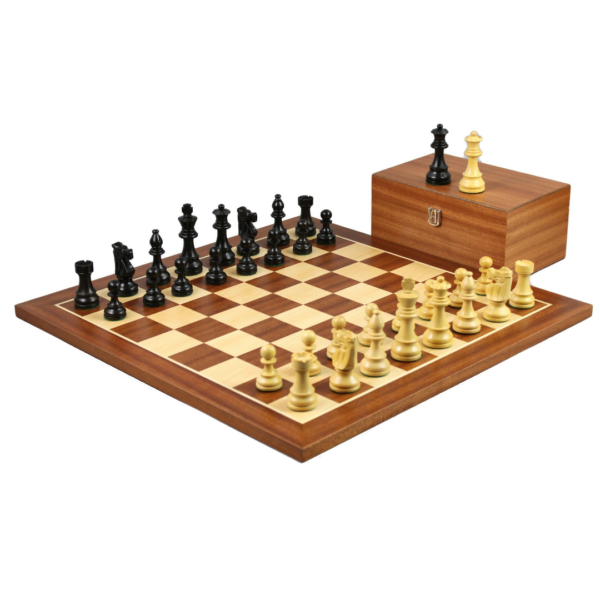 Mahogany Chess Set 20 Inch with Weighted Ebonised Staunton French Knight Pieces 3.75 Inch