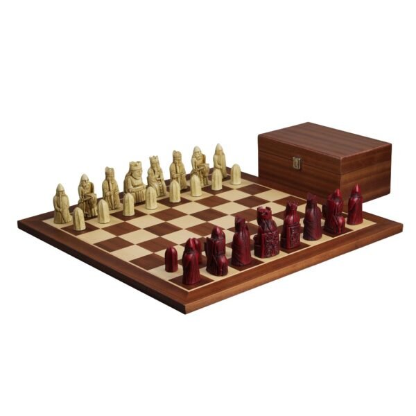 Isle of Lewis Chess Set With II Ivory & Red Resin Chess Pieces 3.5 inch and Mahogany Chess Board 20 inch