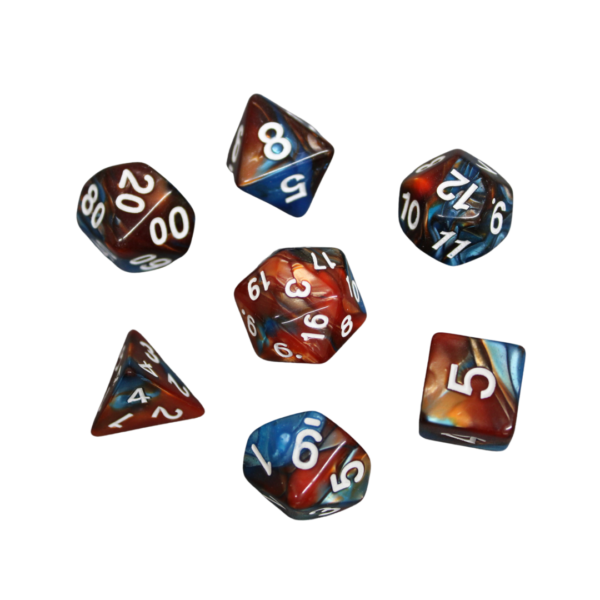 Rustic Brown & Royal Blue Blended Marbled DND Dice Set, 7 Piece Dice Set, Roll Playing Game Dice with Dice Bag