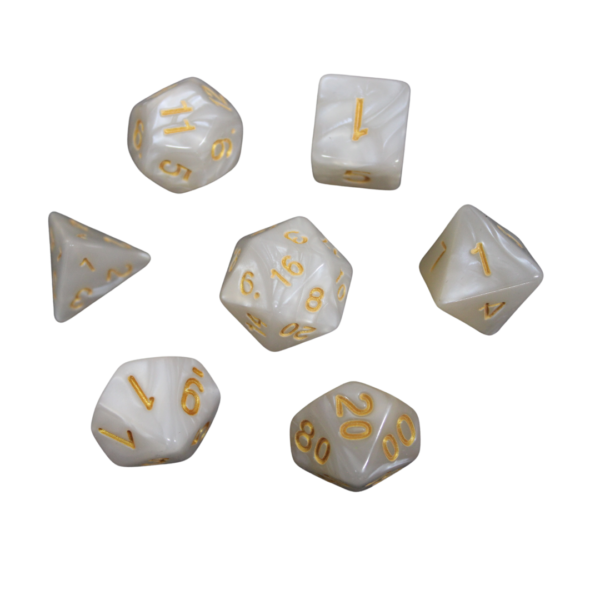 Pearl White Marbled DND Dice Set, 7 Piece Dice Set, Roll Playing Game Dice with Dice Bag
