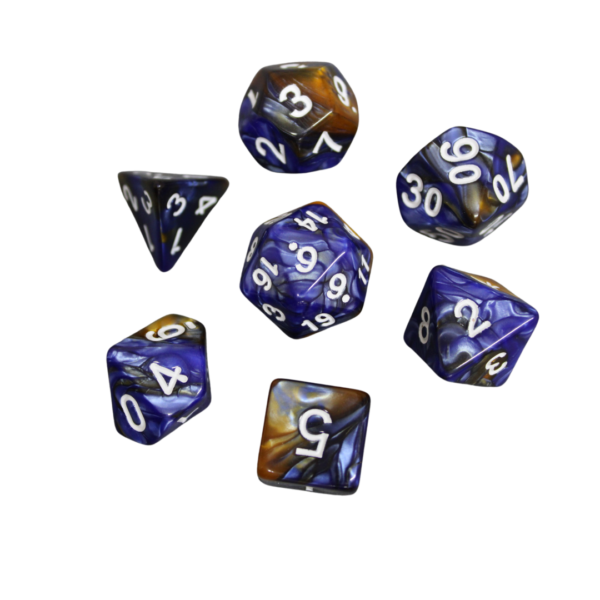 Navy Blue and Classic Gold Blend Marbled DND Dice Set, 7 Piece Dice Set, Roll Playing Game Dice with Dice Bag