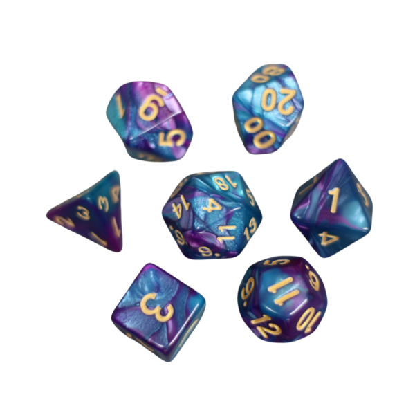 Galaxy Blue & Purple Marbled DND Dice Set, 7 Piece Dice Set, Roll Playing Game Dice with Dice Bag