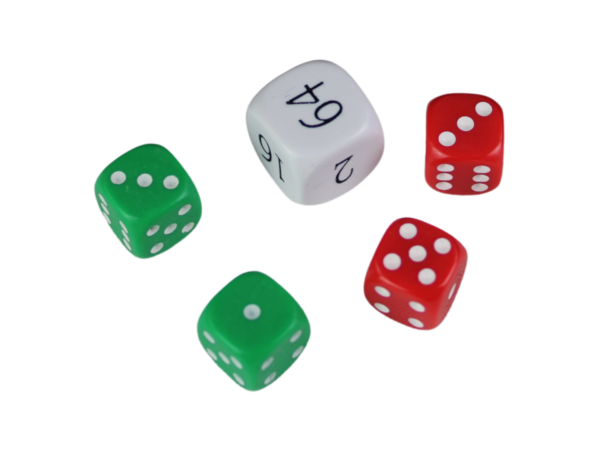 Replacement Backgammon Dice Set - White Doubling Cube - Red & Green Dices