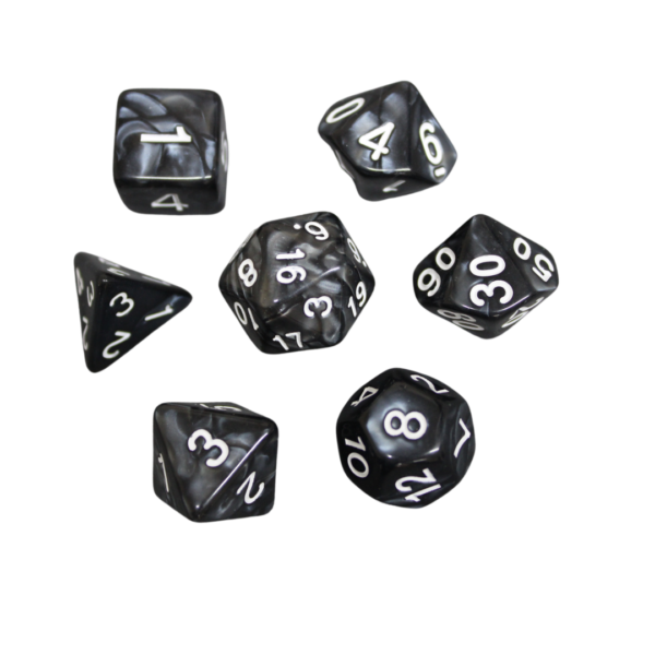 Carbon Black Marbled DND Dice Set, 7 Piece Dice Set, Roll Playing Game Dice with Dice Bag