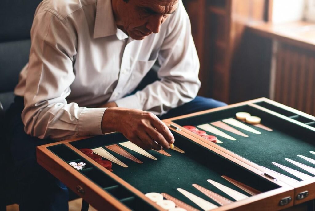 Alt text: A hyperrealistic image of two Backgammon Grandmasters engaged in an intense strategic battle.