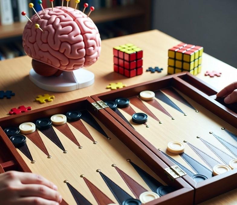 A person deep in concentration playing backgammon, surrounded by intricate wooden pieces.